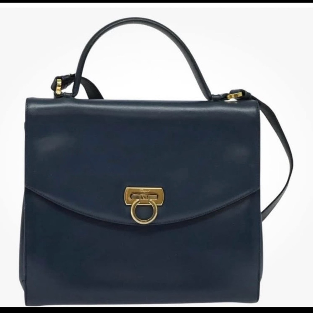 Salvatore Ferragamo Navy Blue Leather Top Handle Shoulder Bag with Gold Hardware